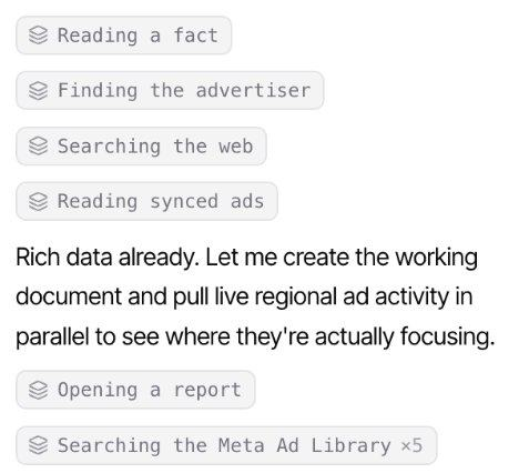 Inku agent steps reading facts, searching the web and opening a report