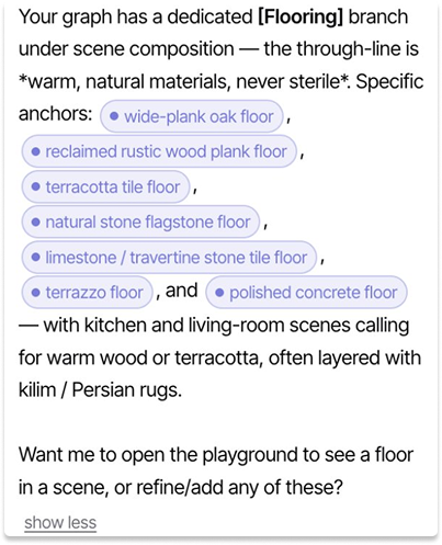 Inku answer describing a dedicated flooring branch of the brand graph with specific material anchors