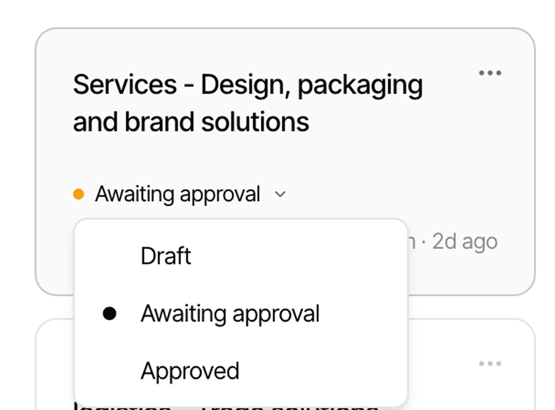 Briefing card with an approval status dropdown: draft, awaiting approval, approved