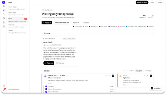 Inku inbox with 102 brand updates waiting on your approval, grouped per identity detail