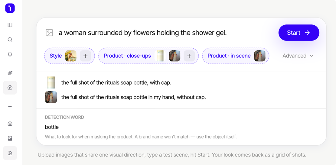 Inku prompt with style and product references and a detection word field to train a look