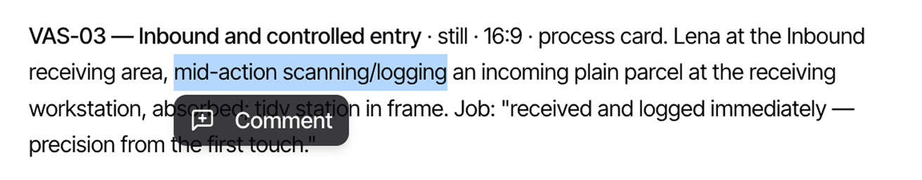 Briefing text with a highlighted passage and a comment action
