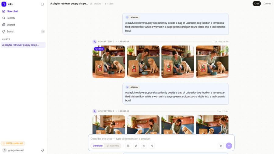 Inku infinite canvas with a chat conversation generating on-brand lifestyle shots