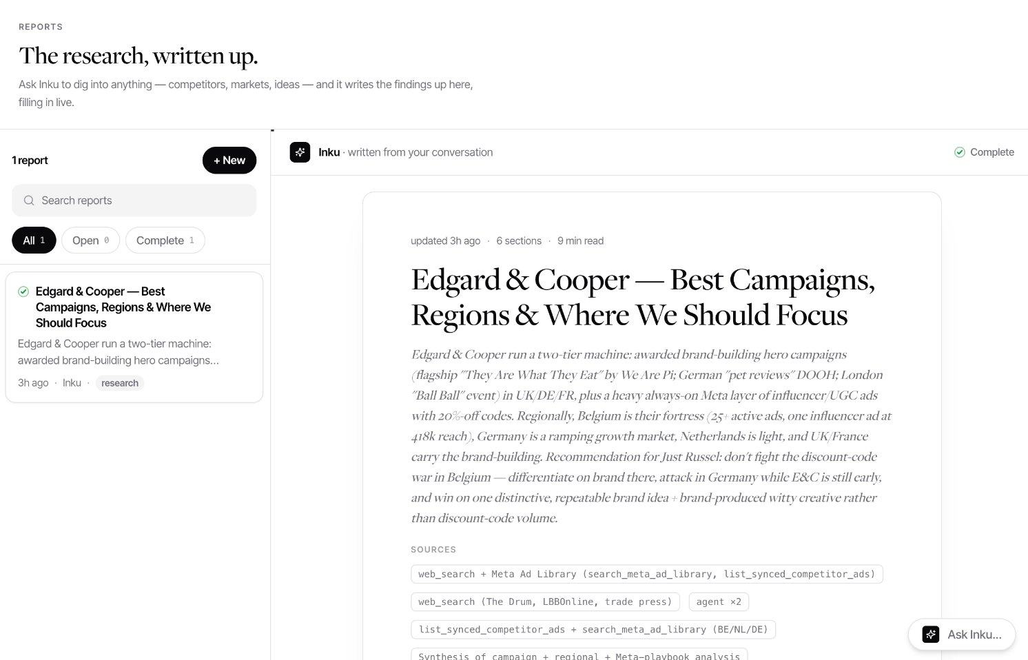 Inku report titled Best campaigns, regions and where we should focus
