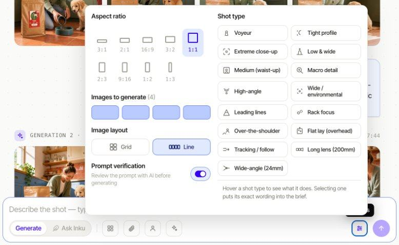 Inku shot settings with aspect ratios, shot types and prompt verification