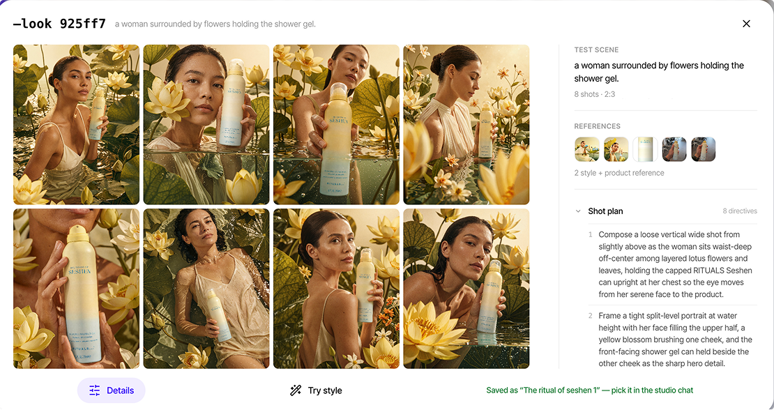 Grid of generated on-brand shots with references and a shot plan next to them