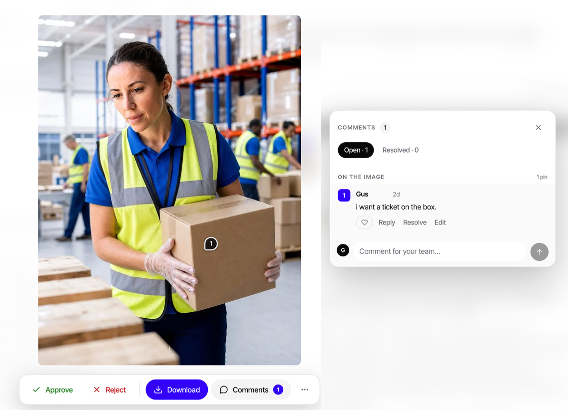 Inku asset view with approve, reject and comment thread on an image