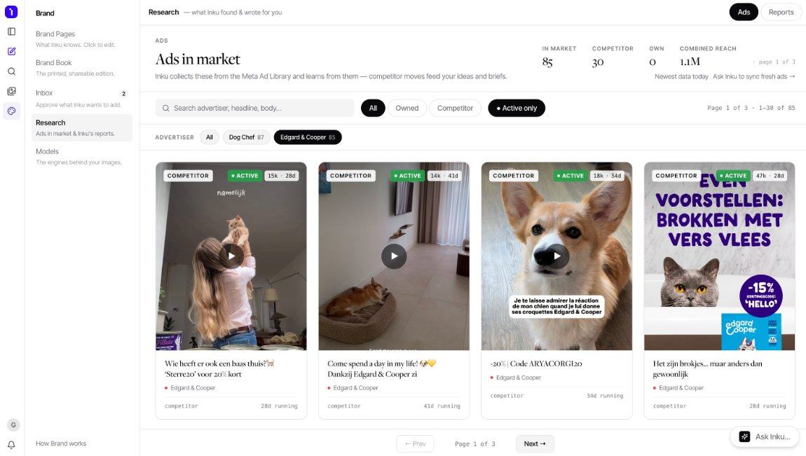 Inku research view listing competitor ads currently in market